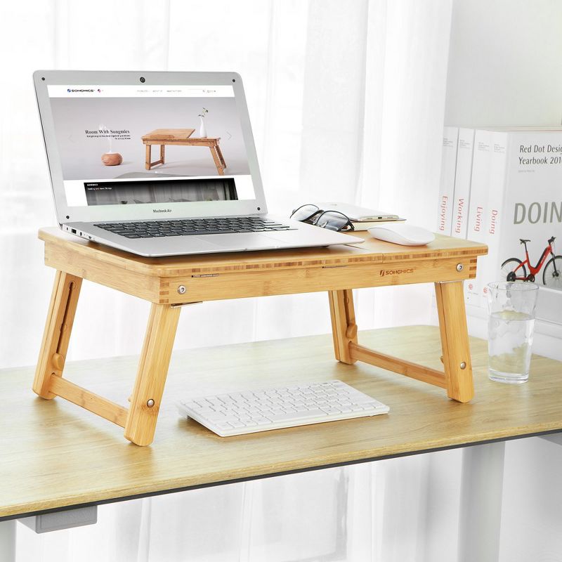 SONGMICS Bamboo Laptop Desk Serving Bed Tray Tilting Top with Drawer Natural, 3 of 13