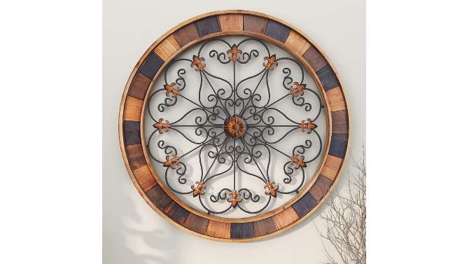 Wood Scroll Arabesque Wall Decor with Metal Fleur De Lis Relief Brown - Olivia &#38; May, 2 of 20, play video