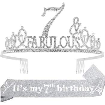 EBE EmmasbyEmma 7th Birthday Sash and Tiara for Girls - Fabulous Glitter Sash + Fabulous Rhinestone Silver Premium Metal Tiara for Girls