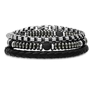 Steeltime Men's genuine black leather/stainless steel/black lava & hematite beads 3pcs bracelets set - 1 of 4