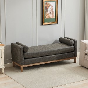 VASIP 66"  Elegant Upholstered Bench, Daybed,Ottoman with 2 Pillows, Natural Wood Legs for End of Bed,Bedroom, Living Room, Entryway,Ivory Boucle - 1 of 4