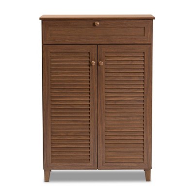 Walnut Finished 5-Shelf Wood Shoe Storage Cabinet with Drawer