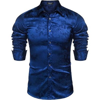 COOFANDY Men's Silk Satin Jacquard Long Sleeve Floral Button Up Shirts