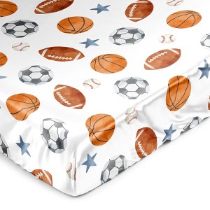 Sweet Jojo Designs Boy Satin Fitted Crib Sheet Watercolor Sports Theme Blue Brown and Orange - 1 of 4
