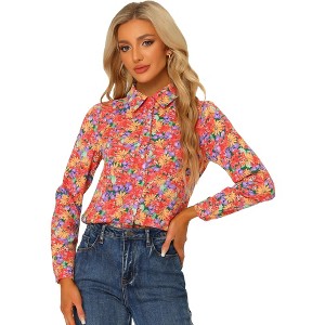 Allegra K Women's Point Collar Long Button Sleeve Button Down Floral Shirt - 1 of 4