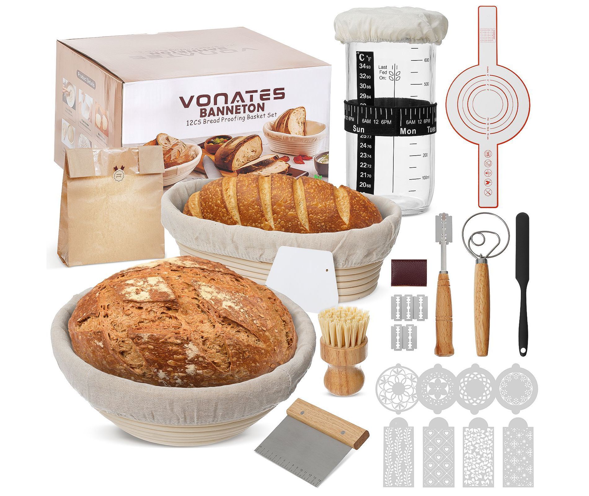 VONATES Upgraded Sourdough Bread Making Kit – 9" Round & 10" Oval Banneton, Starter Jar & More for Home Bakers