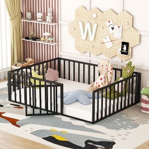 Full Size Metal Floor Bed Frame with Fence and Door - 1 of 4