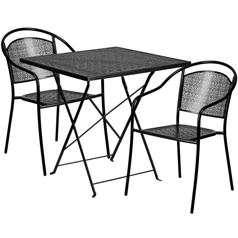 Emma and Oliver Commercial Grade 28" Square Black Folding Patio Table Set-2 Round Back Chairs, 1 of 5