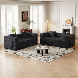 4-Seater Corduroy Fabric Folding Convertible Sofa Bed with Side Storage Pockets, Cushions Included, Space-Saving for Living Room, Bedroom, and Study - 1 of 4