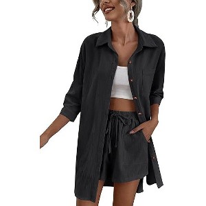 Zeagoo Women’s 2 Piece Lounge Tracksuit Outfit Sets Cotton Linen High Low Shirt and Drawstring Casual Shorts Set - 1 of 4