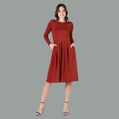24seven Comfort Apparel Womens Long Sleeve Midi Length Fit N Flare Pocket Dress