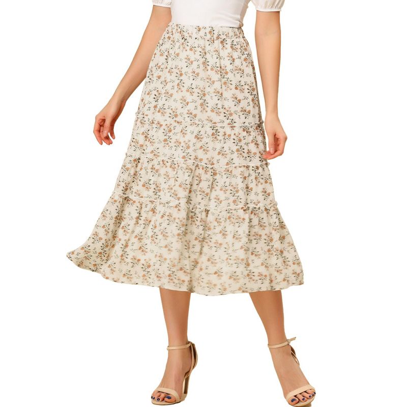 Allegra K Women's Floral Elastic Waist Tiered Ruffle Boho Midi Skirts, 1 of 7