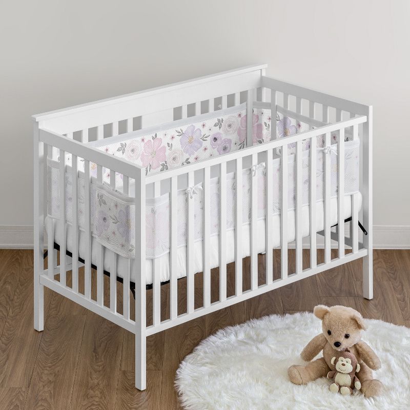 Sweet Jojo Designs + BreathableBaby Breathable Mesh Crib Liner Girl Watercolor Floral Purple Pink and Grey, 3 of 6