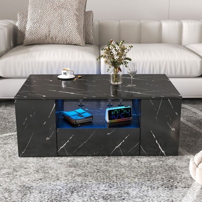NicBex 35" Modern Coffee Table with Open Shelves,Side Table with 2 Drawers,LED Lighting End Table,Center Table for Living Room,Apartment