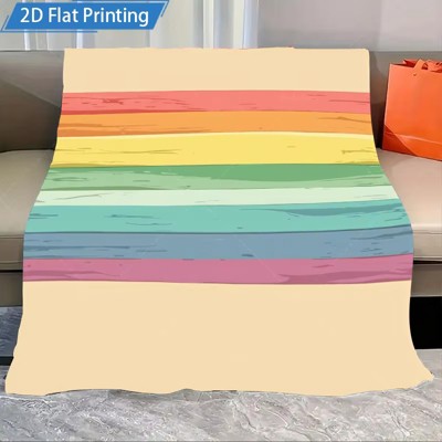 Attop  Rainbow Stripe Flannel Raschel Blanket - 2D Printed Soft Cozy Bed Throw for Living Room Decor