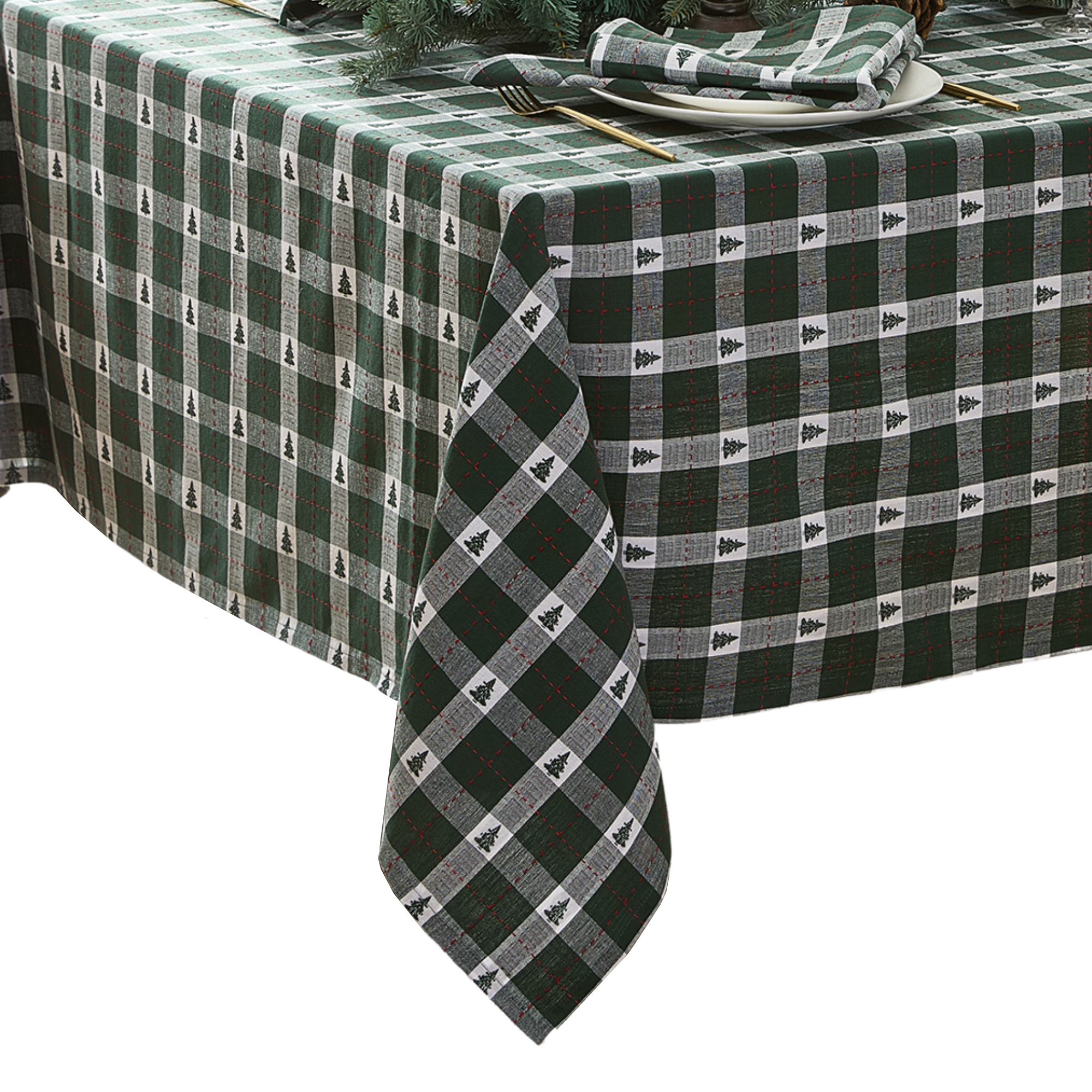 Sherwood Tree Dobby Cotton Tablecloth - Green - 60x84 Rectangle - Elrene Home Fashions