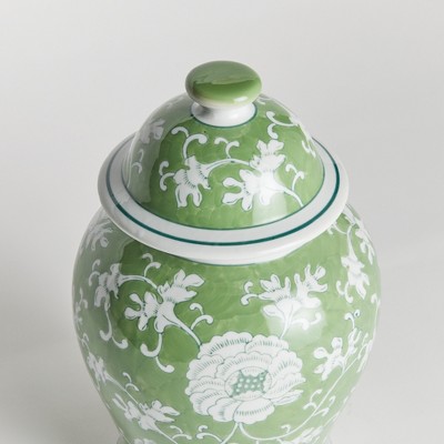 Green and White Porcelain Floral Lidded Ginger Jar