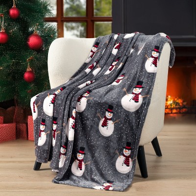 Snowman Gray Fleece Christmas Throw Blanket 50" x 60"