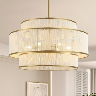 PAKOKULA 30 in. 6-Light Gold Bohemian Rattan Tiered Drum Chandelier with Beige Hand Woven Shades