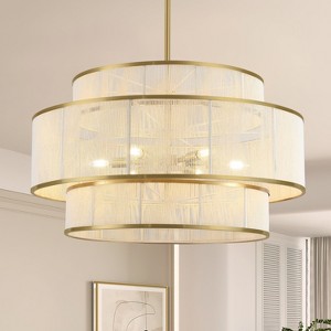 PAKOKULA 30 in. 6-Light Gold Bohemian Rattan Tiered Drum Chandelier with Beige Hand Woven Shades - 1 of 4
