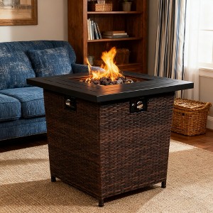 BAOURE 28-inch Black Square Propane Fire Pit Table, 50,000 BTU Outdoor Wicker Fire Pit with Ventilated Steel Top - 1 of 4
