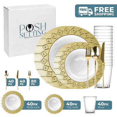 Posh Setting 280 Piece White And Gold Plastic Party Bundle - Imperial (40 Settings)