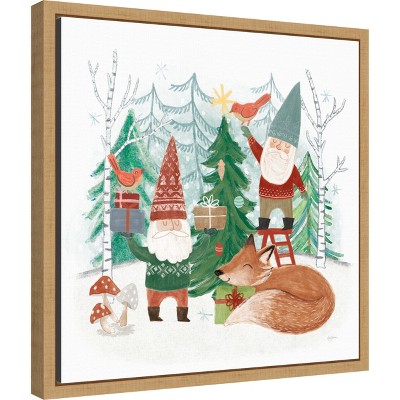 Woodland Gnomes Holiday Canvas Print with Oak Frame