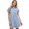 Knit & Lounge Women’s Short Sleeve Denim Shirt Dress Collared Button Down Front Chest Pocket Side Pockets Raw Hem - 2 of 4