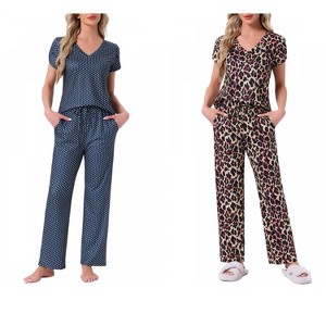 INSPIRE CHIC Women's 2 Pcs Short-Sleeve V-neck Tee & Drawstring Pants Pajama Sets with Pockets - 1 of 4