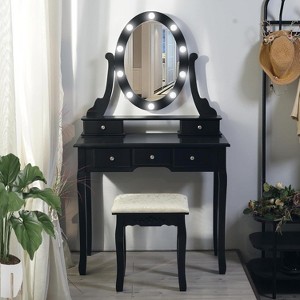 Modern Makeup Vanity, Girls Vanity Set with Lighted Mirror and Cushioned Stool, Make Up Table with 5 Drawers - 1 of 4