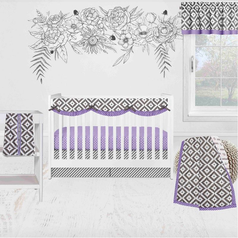 Bacati - Love Design/Print Gray Lilac 6 pc Crib Bedding Set with Long Rail Guard Cover, 1 of 12