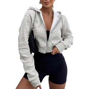 Clearlove Women Fleece Full Zip Up Cropped Hoodie Sweatshirt  Long Sleeve Drawstring Hooded Crop Jacket Top with Pockets - 1 of 4