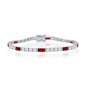 Bella Silver Sterling Silver, Round and Emerald-Cut 3mm Tennis Bracelet - Ruby CZ - Red - 7.5 Inch - 1 of 2