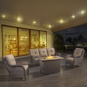 POCASSY 4-Piece Outdoor Furniture Set with 50000BTU Propane Fire Pit, All Weather Wicker Patio Fire Pit Table Set with 3-Seater Sofa and Club Chair - 1 of 4