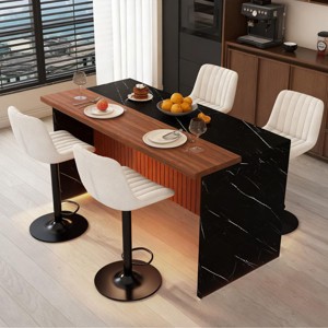 Modern Black Kitchen Island Dining Table with LED Lights and 2 Brown Bar Stools, Faux Marble Counter Height Set for Eat-in Kitchen-3irtyhousy - 1 of 4