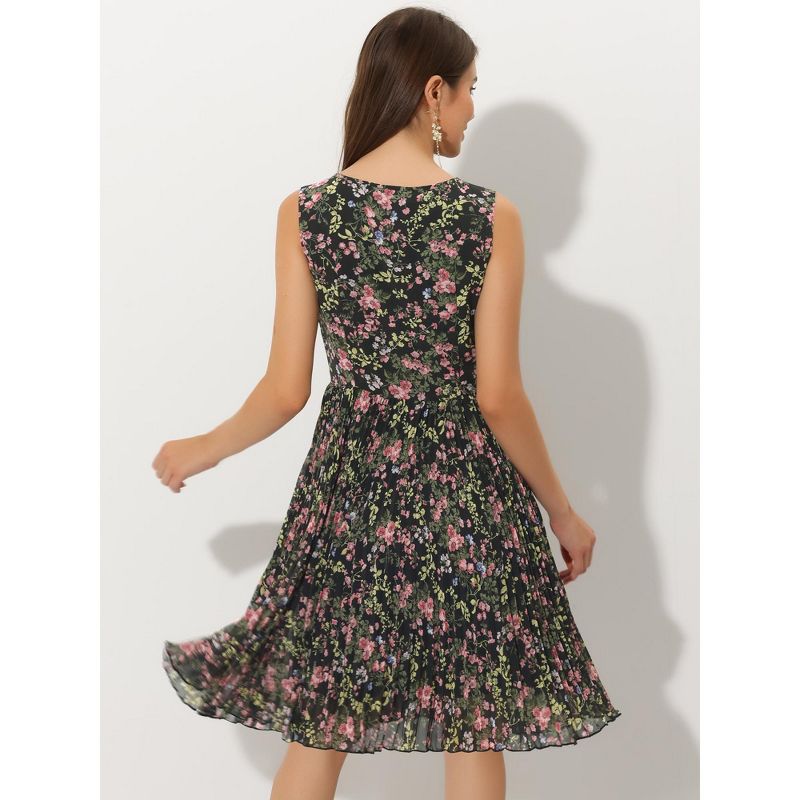 Allegra K Women's Floral Print Summer A-Line Knee Length Sleeveless Pleated Dress, 4 of 7