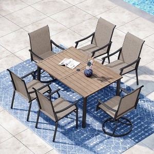 Captiva Designs 7pc Patio Outdoor Dining Rectangle Steel Table with Umbrella Hole & Brown Textilene Arm Chairs - 1 of 4