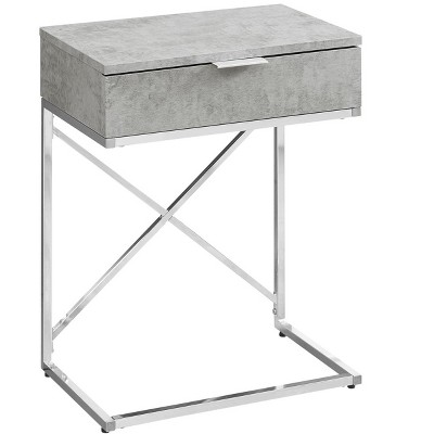 Vynxaria Contemporary Modern Accent Table  Grey Laminate (Cement-Look), Chrome Metal X-Frame, Storage Drawer, Versatile as Side/End Table & Nightstand