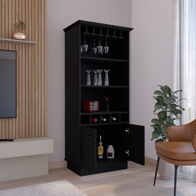 Vynxaria Bar Cabinet 70"H  with Wine Rack, Upper Glass Cabinet, three Open Storage Shelves and One Cabinet,Black