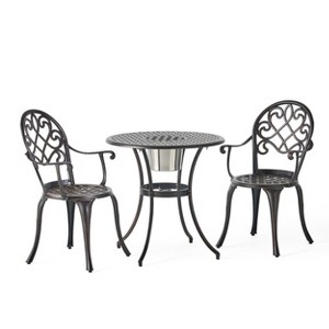 GDFStudio Berthoud Outdoor Cast Aluminum 3 Piece Bistro Set with Ice Bucket, Black Copper - 1 of 4