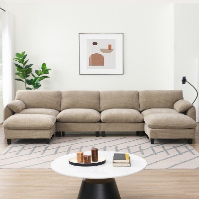140" Striped Chenille Modular U-Shaped Sectional Sofa with Wide Seat, USB/Type-C Chargers & Storage Ottoman