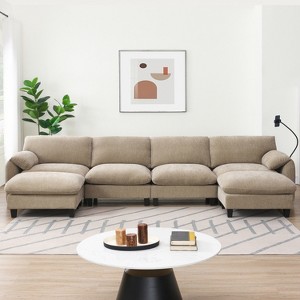 140" Striped Chenille Modular U-Shaped Sectional Sofa with Wide Seat, USB/Type-C Chargers & Storage Ottoman - 1 of 4