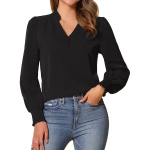 Allegra K Women's Vintage V Neck Long Sleeve Ruffle Collar Blouses - 1 of 4