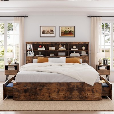 Full Bed Frame with High Storage Bookcase Headboard, Wood Bed Frame with 4 Storage Drawers, No Box Spring Needed, Metal Frame, Noise-Free, Brown