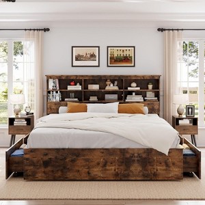 Full Bed Frame with High Storage Bookcase Headboard, Wood Bed Frame with 4 Storage Drawers, No Box Spring Needed, Metal Frame, Noise-Free, Brown - 1 of 4