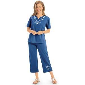 Collections Etc Floral Embroidered 2-Piece Knit Pajama Set - 1 of 4