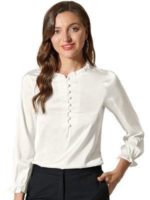 Allegra K Women's Ruffle Neck Long Sleeve Elastic Cuff Button Office Satin Blouse
