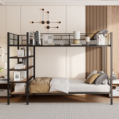 NicBex Twin Over Full Metal Bunk Bed with Guardrail,Loft Bed with 5-Tier Shelves for Bedroom,Black/White