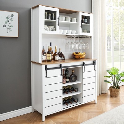 70'' Tall Coffee Bar Cabinet with Sliding Doors, Farmhouse Kitchen Hutch with Bottle Rack & Open Shelves, Buffet Cabinet for Dining Room, Kitchen