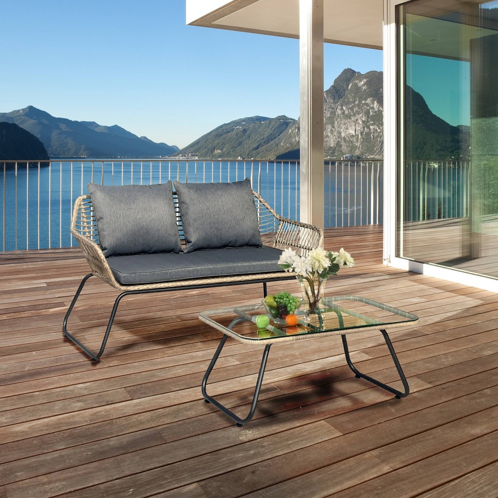 Lugano 2pc Rattan Wicker Outdoor Patio Loveseat & Coffee Table Set with Cushions Natural Gray DUKAP